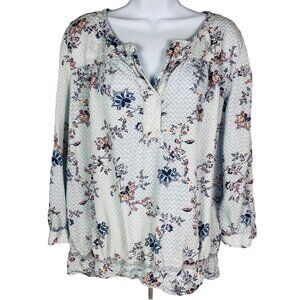 Carlson Womens Blouse Size L Light Blue Tiny Flowers Ruffled Hem Crochet